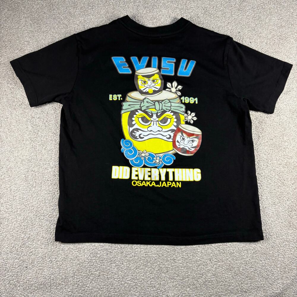 Evisu Heritage Taiko Daruma Graphic Black T-Shirt Osaka Japan Sz XL Preowned